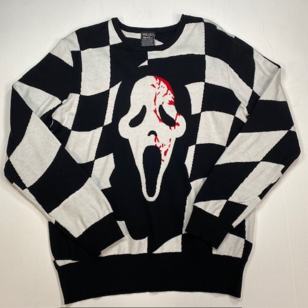 BoxLunch Ghost Face Scream Checker Intarsia Sweater Mens Medium Black White New
